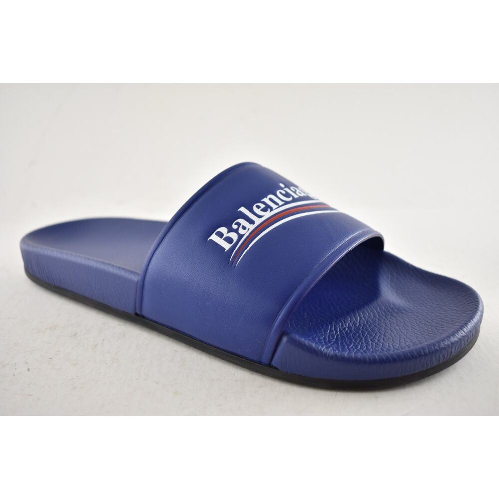 Balenciaga Blue Leather Campaign Logo Slide Pool Sandal Flip Flop Flat 44 11 - Picture 5 of 15